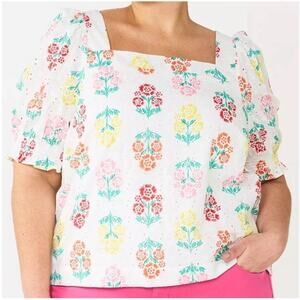Draper James RSVP Floral Smocked Square Necked Eyelet Top Size 2x